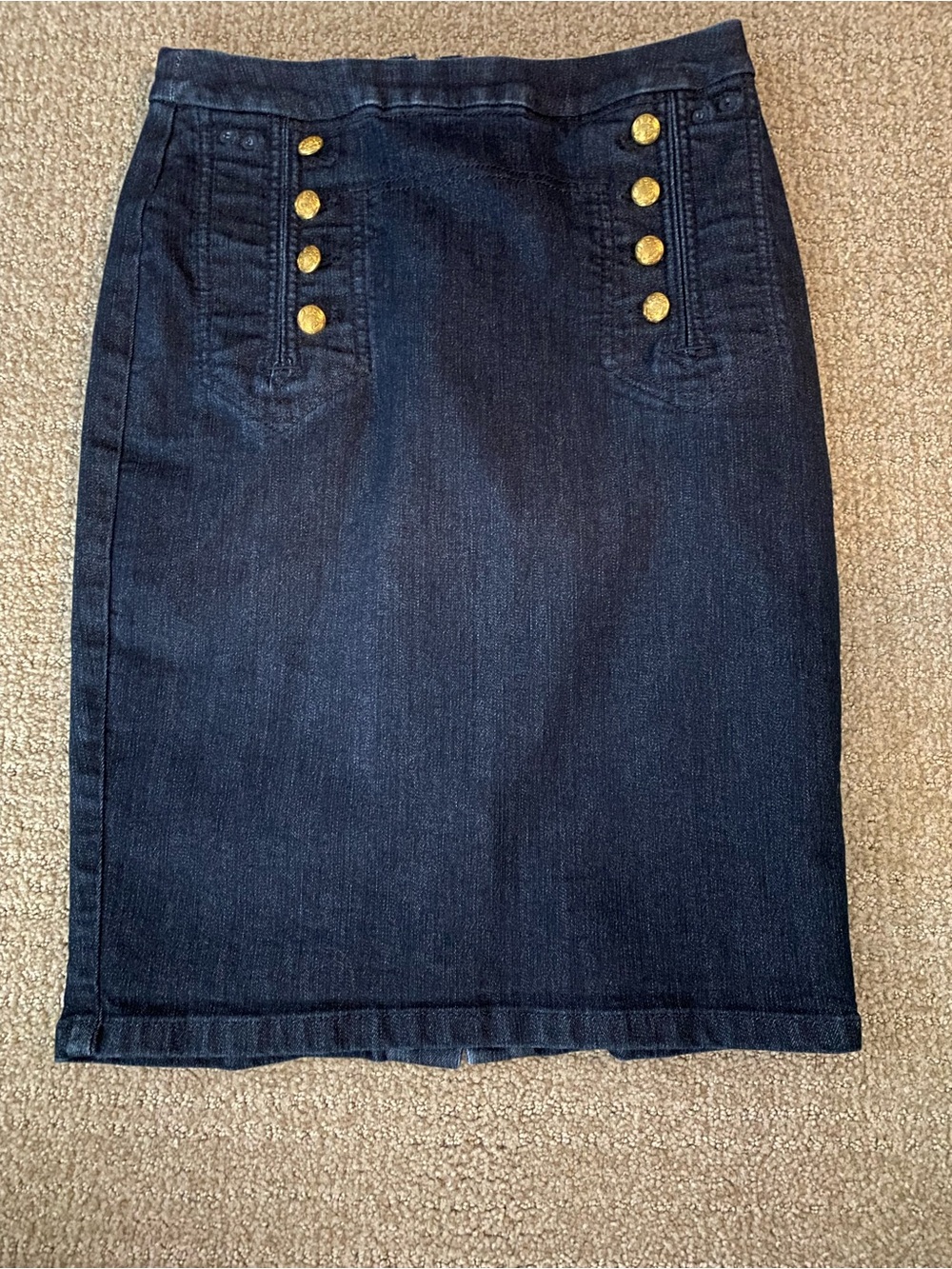 The Limited Dark Blue Denim Pencil Skirt with Gold Button Detail